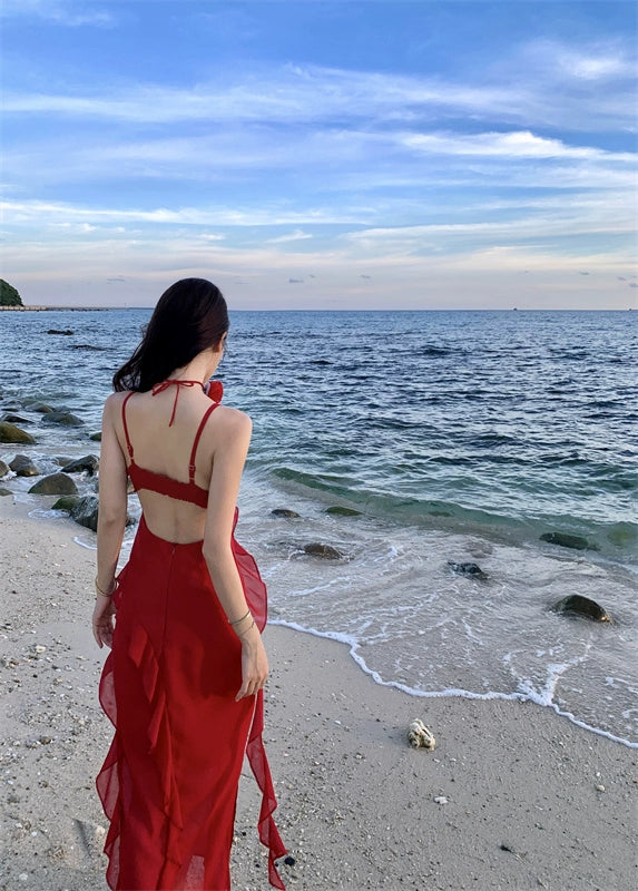 Thailand Sanya Seaside Holiday Beach Skirt Ruffles Irregular Spaghetti-Strap French Style Beautiful Red Chiffon Dress
