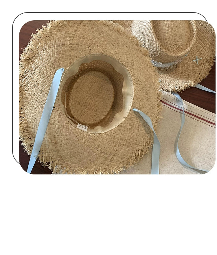 Straw Hat French Flat Top Female Summer Seaside Bows