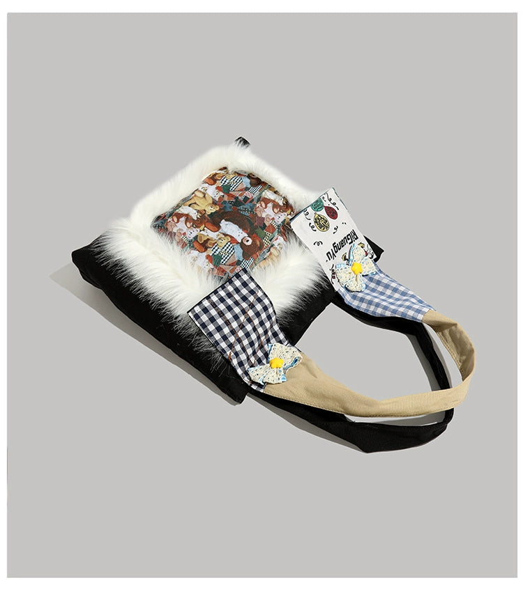Y2g Cute Funny Stylish Niche Style Patchwork Stuffed Fur Bag College Student Work Clothing Cartoon Canvas Shoulder Bag