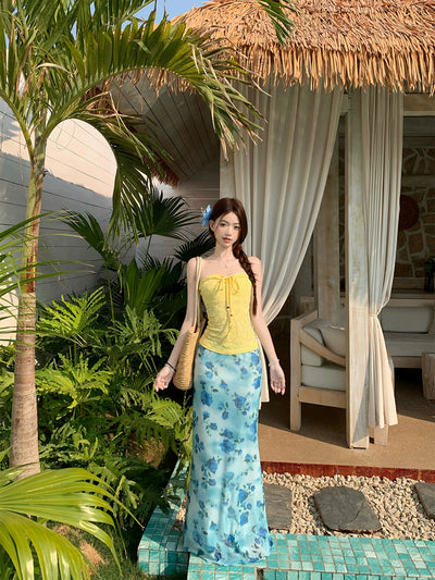 Seaside Vacation Style Suit Pure Desire Stylish White Halter Tube Top Blue Shirt Floral Skirt Two-piece Set