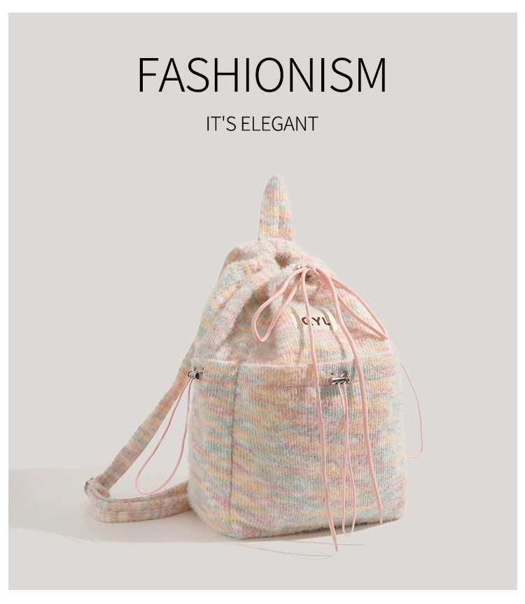 Miearvl Kgds Y2g Millennium Pink Rainbow Backpack 2023 New Large Capacity Woolen Tote Bag