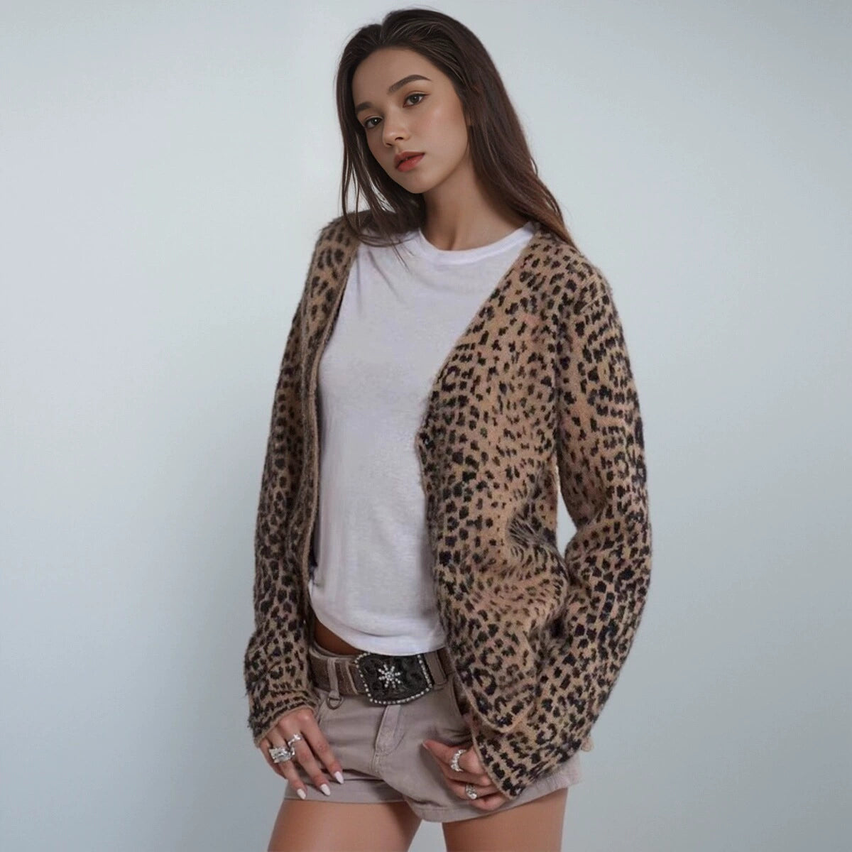 Y2g Fashion Soft Knitting V Neck Cardigan Leopard-Print Sweater