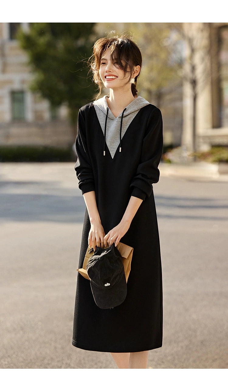 Xwi Xin Not Contrast Color Patchwork Hoodie Dress Female 2024 Autumn Simplicity Generous Slimming Elegant Long Dress