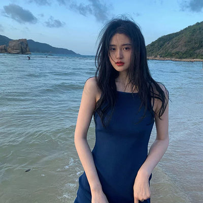 Summer Blue Sling Dress Temperament Long Dress Seaside Holiday Beach Skirt Super Fairy Sanya Thailand Travel Photo