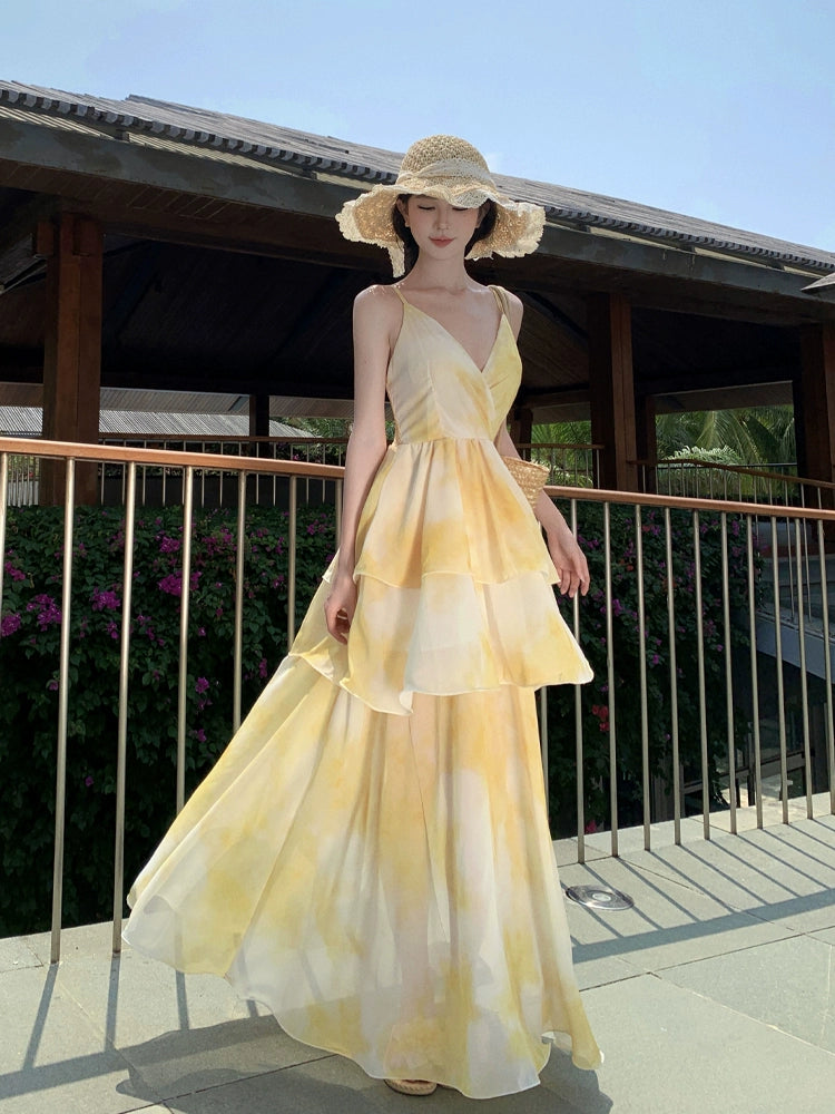 Nipped-Waist New French Seaside Sling Holiday Dress Travel Elegant Cake Dress Summer Beach Dress Female Yellow