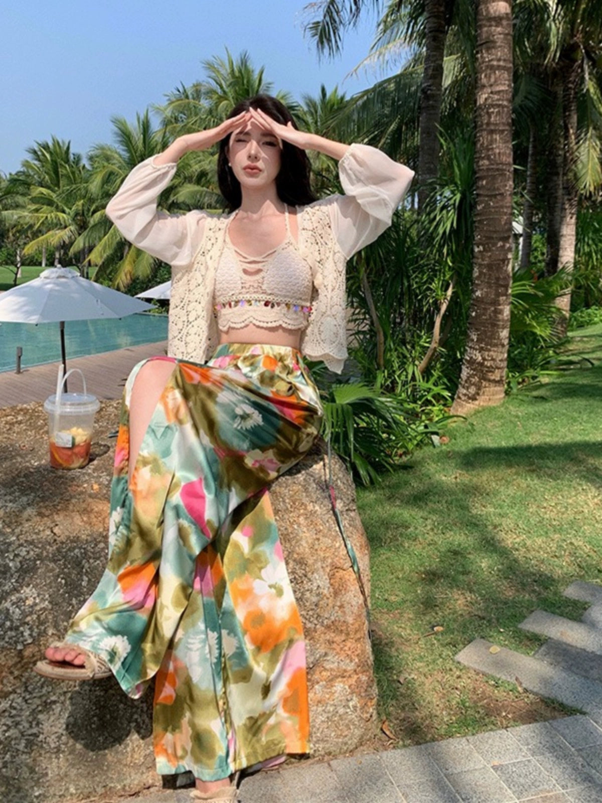 Ethnic Style Seaside Vacation Style Chiffon Loose Pants Suit + with Chest Pad Bikini Top + Sun-Protective Clothing Small Coat