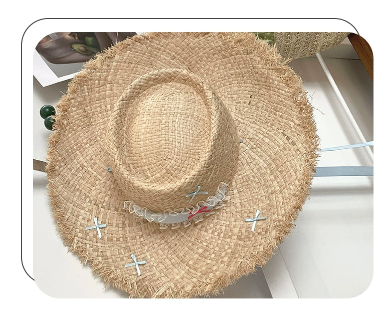 Straw Hat French Flat Top Female Summer Seaside Bows