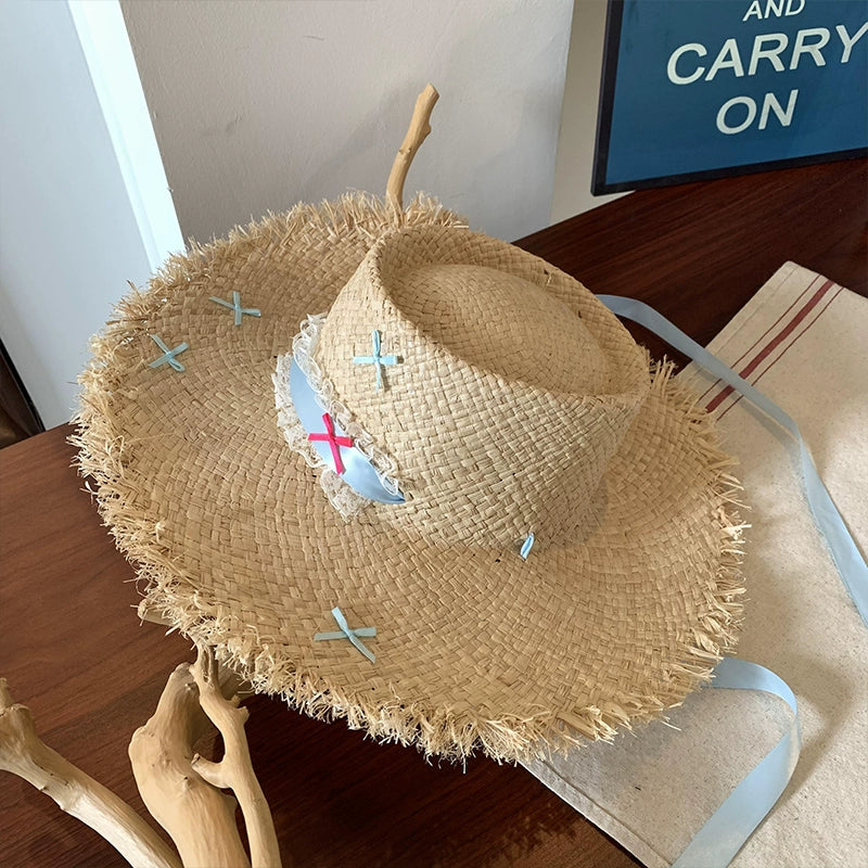 Straw Hat French Flat Top Female Summer Seaside Bows