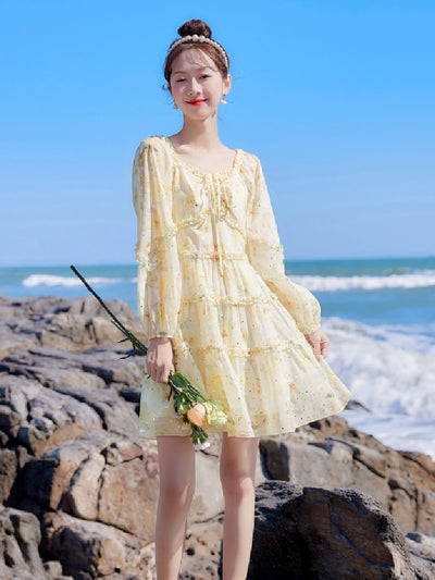 2025 Spring New Arrival Women's Spring Floral Dress Silm Fashion Waist-Controlled Long Sleeves Seaside Vacation Chiffon Skirt