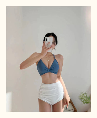 South korea New Swimsuit Women Sexy High Waist Retro Pure Desire Ventilation Network Red Split Bikinis Hot Spring Vacation Swimsuit