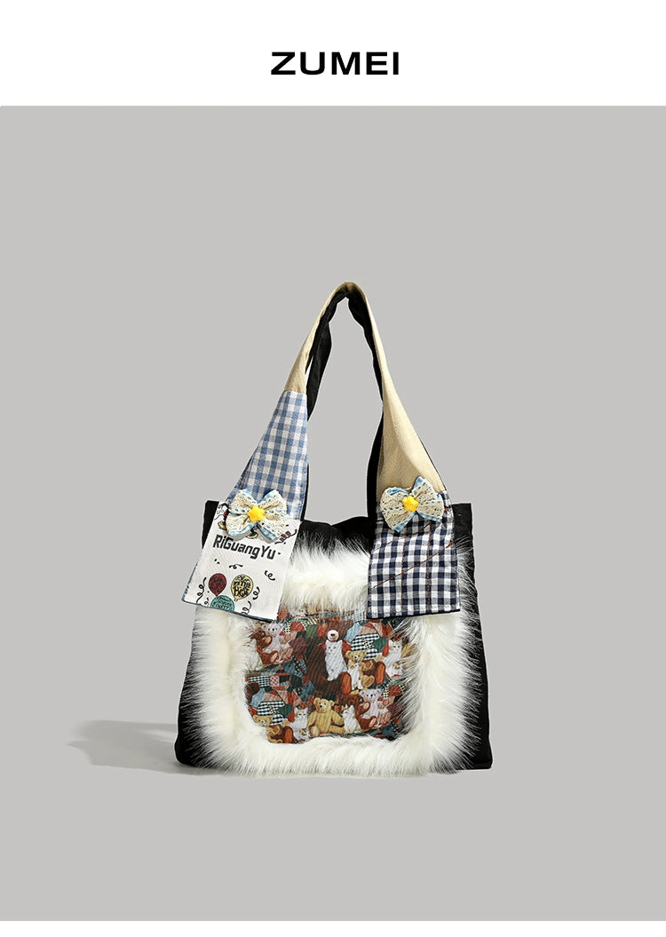 Y2g Cute Funny Stylish Niche Style Patchwork Stuffed Fur Bag College Student Work Clothing Cartoon Canvas Shoulder Bag