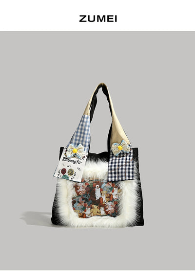 Y2g Cute Funny Stylish Niche Style Patchwork Stuffed Fur Bag College Student Work Clothing Cartoon Canvas Shoulder Bag