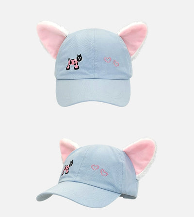 Y2g Sweet Cute Light Blue Cat Stuffed Ears Embroider Baseball Cap Female Easiest for Match Face-Looking Small Peaked Cap