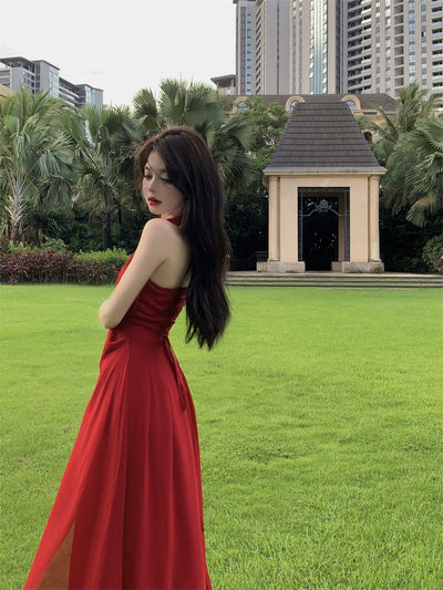 Beautiful Vacation Style Blue Halterneck Chiffon Drape Dress Long Women's Fancy Elegant Mop Long Dress