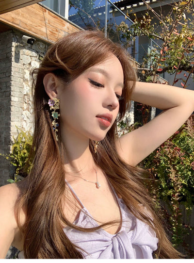 [Peach Tea] Bright Big Female Ethnic Style Color Metal Flower Tassel Earrings Seaside Holiday Earrings