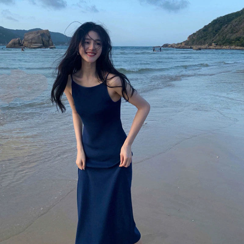 Summer Blue Sling Dress Temperament Long Dress Seaside Holiday Beach Skirt Super Fairy Sanya Thailand Travel Photo