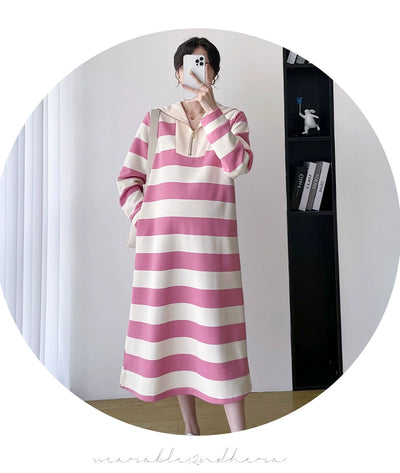 2025 Spring Clothing New Arrival K-style Plus Size Maternity Stripes Dress Fashionable Mom Pullover Sweatshirt Lapel Long Skirt