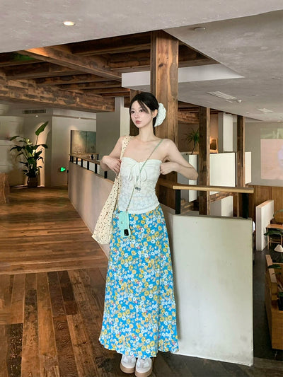 Seaside Vacation Style Suit Pure Desire Stylish White Halter Tube Top Blue Shirt Floral Skirt Two-piece Set