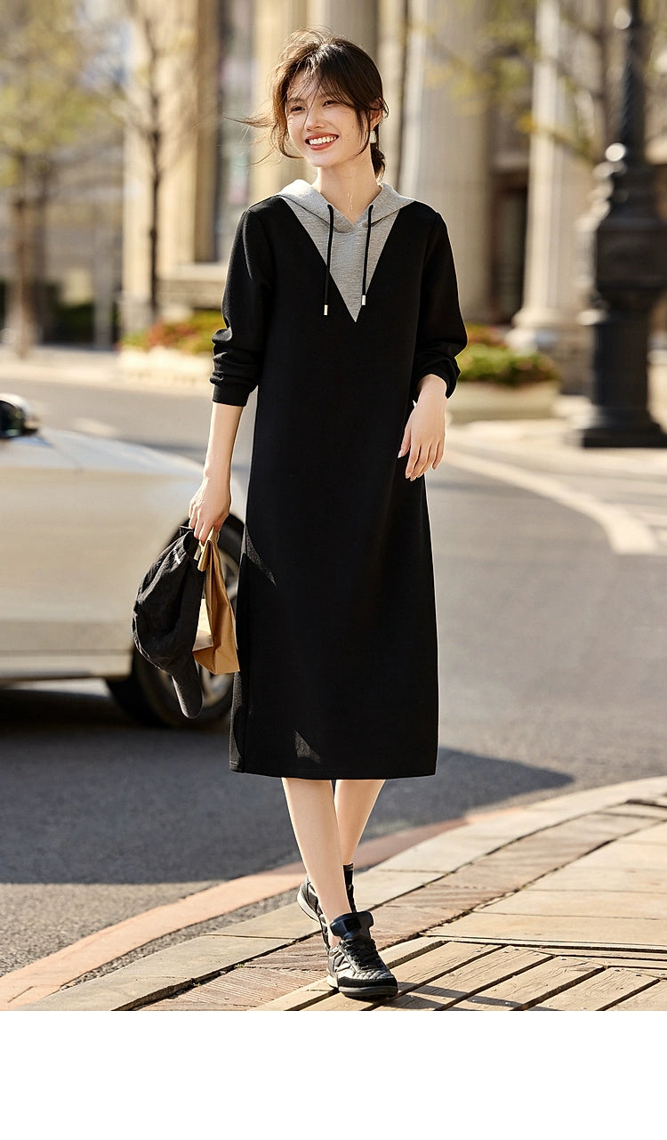 Xwi Xin Not Contrast Color Patchwork Hoodie Dress Female 2024 Autumn Simplicity Generous Slimming Elegant Long Dress