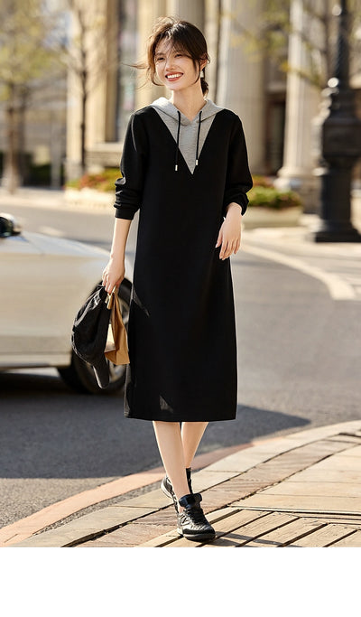 Xwi Xin Not Contrast Color Patchwork Hoodie Dress Female 2024 Autumn Simplicity Generous Slimming Elegant Long Dress