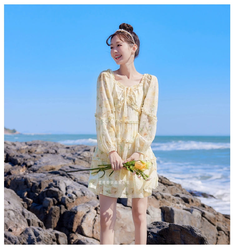 2025 Spring New Arrival Women's Spring Floral Dress Silm Fashion Waist-Controlled Long Sleeves Seaside Vacation Chiffon Skirt