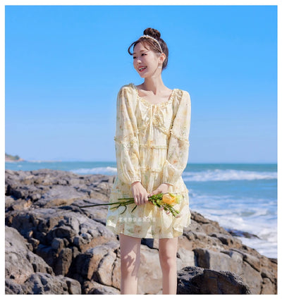2025 Spring New Arrival Women's Spring Floral Dress Silm Fashion Waist-Controlled Long Sleeves Seaside Vacation Chiffon Skirt