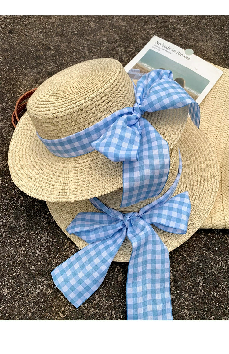 Straw Hat Japanese Style Women's Spring Summer Outing Plaid Bows