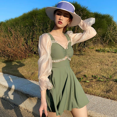 Hot Spring Women's Large Size Slimming Conservative Gathering Long-Sleeved Swimsuit