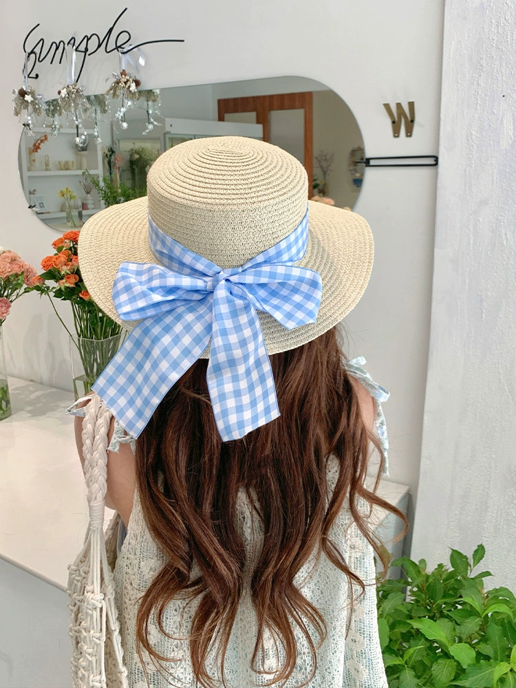 Straw Hat Japanese Style Women's Spring Summer Outing Plaid Bows