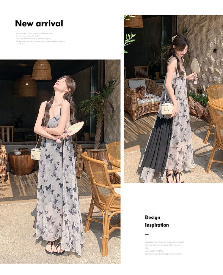 New Chinese Style Chinese Style Sling Dress Chiffon Ink Painting