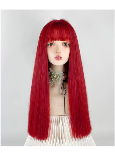 Y2g Sea King Red Long Straight Hair Full Head Cover Lolita Qi Bangs Gyaru Pull Red One-Size-Cut Long Hair Cos Universal