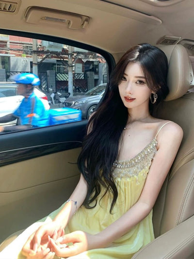 French Style Beautiful Yellow Elegant Heavy Industry Beads Diamond Strap Dress Loose and Idle Seaside Holiday Beach Dress