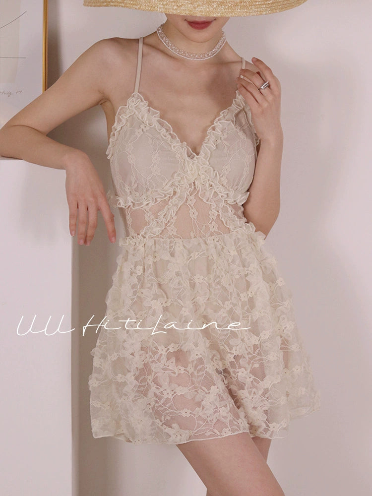 Customized Retro French Elegant Open Back Swimsuit Dress