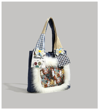 Y2g Cute Funny Stylish Niche Style Patchwork Stuffed Fur Bag College Student Work Clothing Cartoon Canvas Shoulder Bag