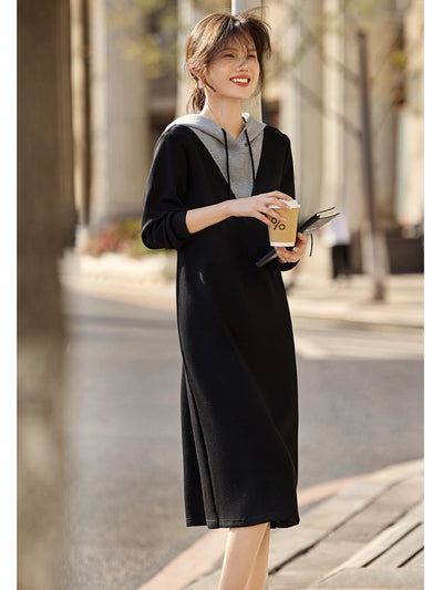 Xwi Xin Not Contrast Color Patchwork Hoodie Dress Female 2024 Autumn Simplicity Generous Slimming Elegant Long Dress