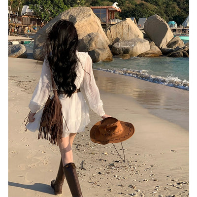 Pure First Date Sense Seaside Vacation Style Long Sleeves Dress
