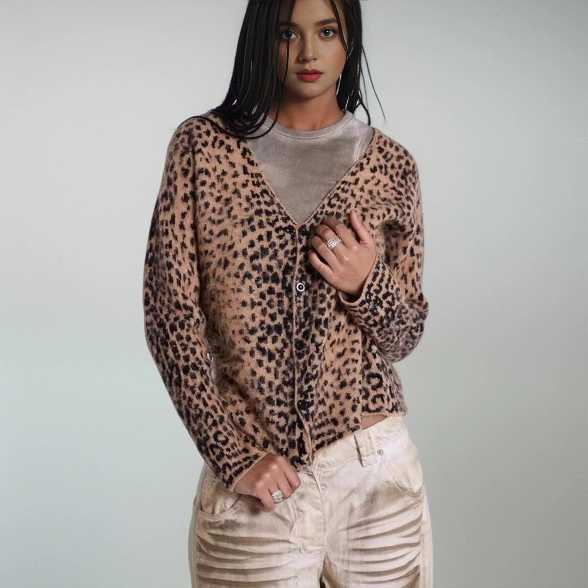 Y2g Fashion Soft Knitting V Neck Cardigan Leopard-Print Sweater