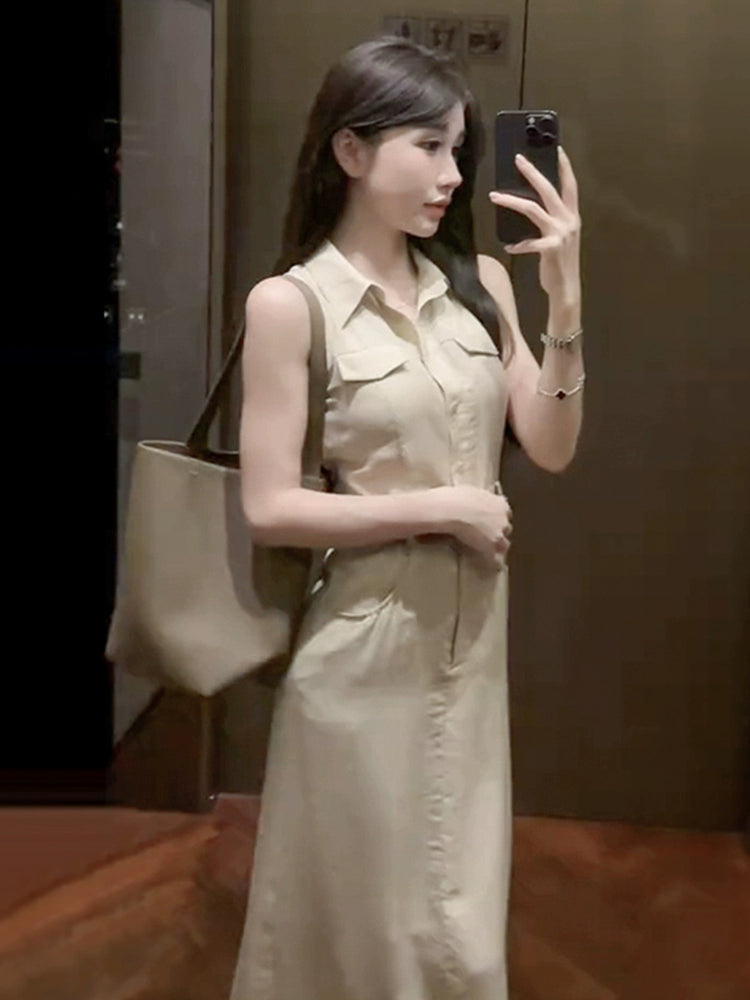 Women's French Waist Summer Dress Sleeveless Shirt