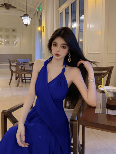 Beautiful Vacation Style Blue Halterneck Chiffon Drape Dress Long Women's Fancy Elegant Mop Long Dress