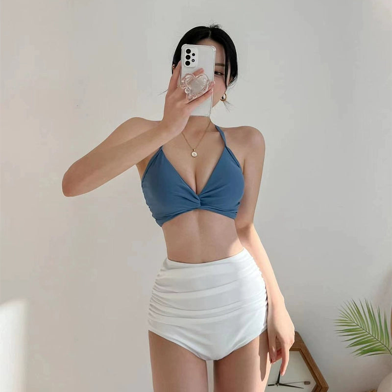 South korea New Swimsuit Women Sexy High Waist Retro Pure Desire Ventilation Network Red Split Bikinis Hot Spring Vacation Swimsuit