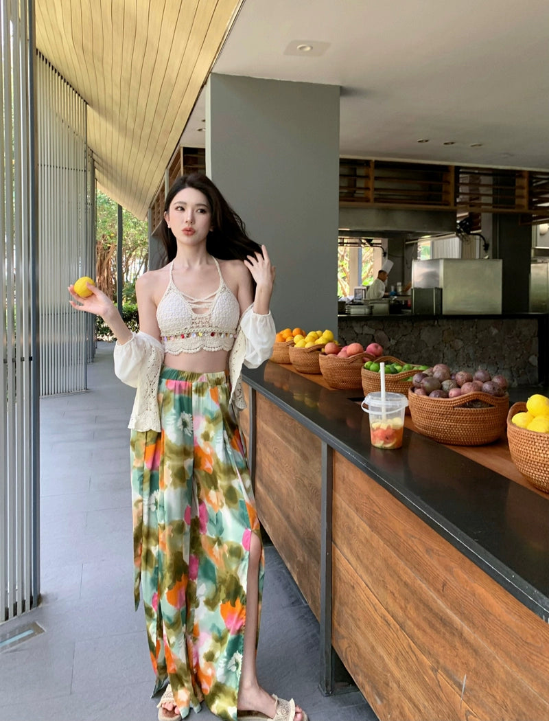 Ethnic Style Seaside Vacation Style Chiffon Loose Pants Suit + with Chest Pad Bikini Top + Sun-Protective Clothing Small Coat