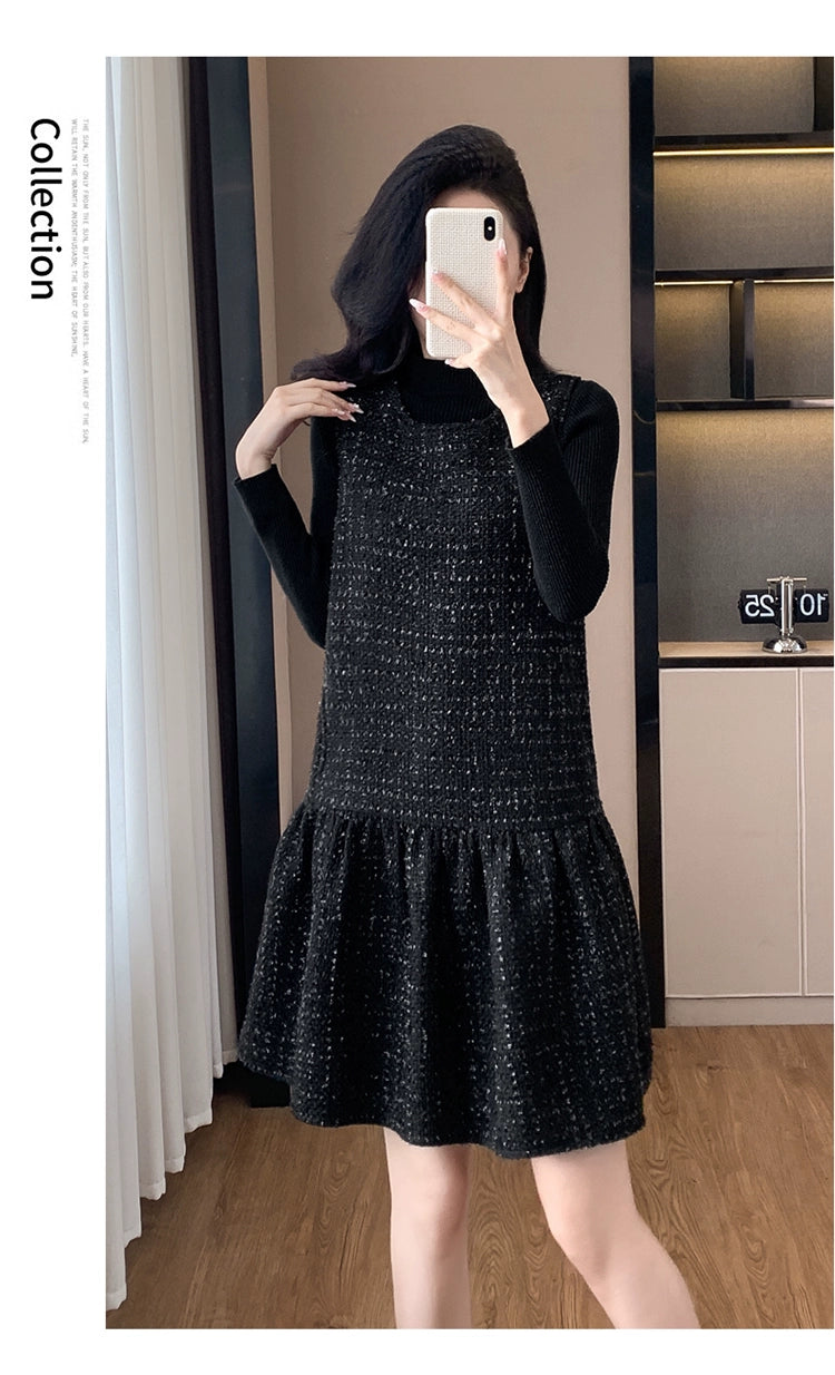 Woolen One piece Dress Women clothing Plus size Fat Mm2024 Autumn and Winter New Age-Reducing High end Western Style Fashion Woolen Vest Dress