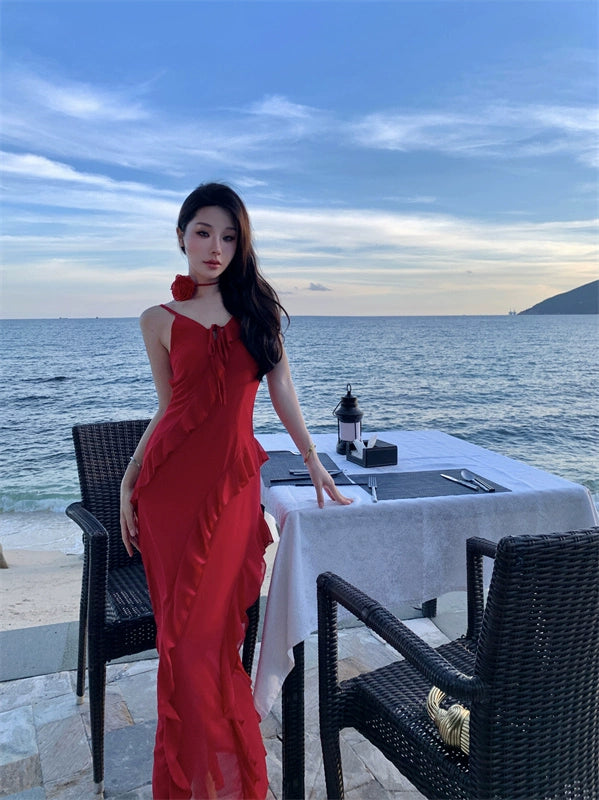 Thailand Sanya Seaside Holiday Beach Skirt Ruffles Irregular Spaghetti-Strap French Style Beautiful Red Chiffon Dress