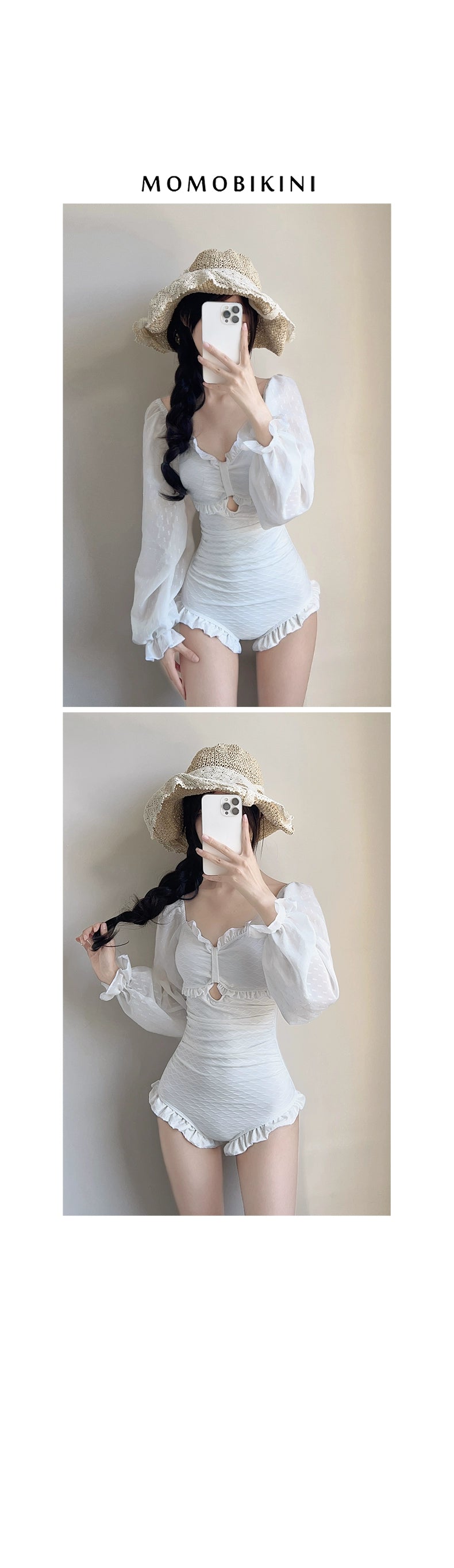 Holiday White Long Sleeves Female Student Hot Spring Bathing Suit