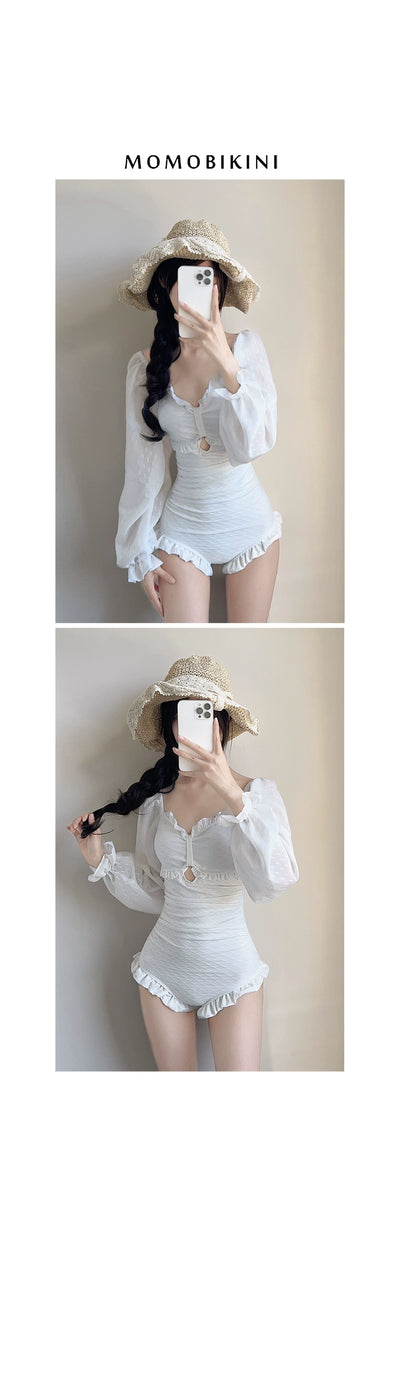Holiday White Long Sleeves Female Student Hot Spring Bathing Suit
