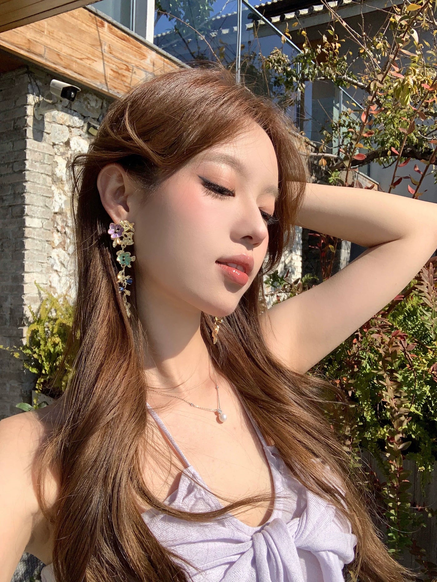 [Peach Tea] Bright Big Female Ethnic Style Color Metal Flower Tassel Earrings Seaside Holiday Earrings