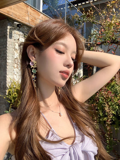 [Peach Tea] Bright Big Female Ethnic Style Color Metal Flower Tassel Earrings Seaside Holiday Earrings