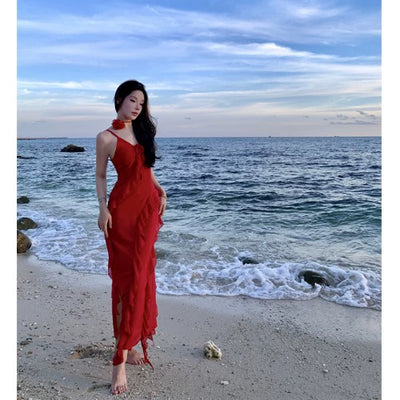 Thailand Sanya Seaside Holiday Beach Skirt Ruffles Irregular Spaghetti-Strap French Style Beautiful Red Chiffon Dress