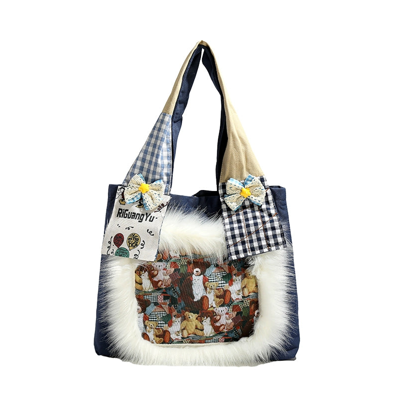 Y2g Cute Funny Stylish Niche Style Patchwork Stuffed Fur Bag College Student Work Clothing Cartoon Canvas Shoulder Bag