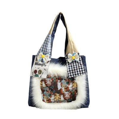 Y2g Cute Funny Stylish Niche Style Patchwork Stuffed Fur Bag College Student Work Clothing Cartoon Canvas Shoulder Bag